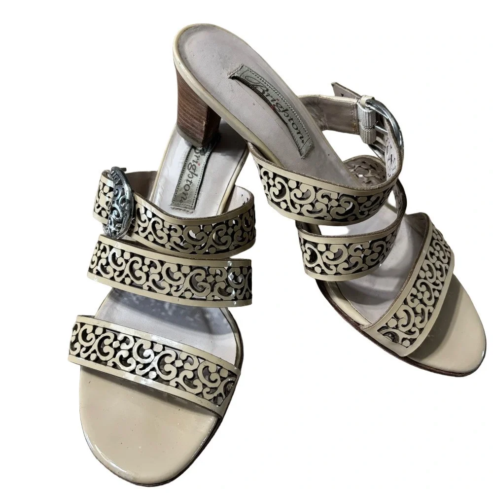 Brighton Cream Patent Leather cut out Strappy Heels with Silver Brighton buckle